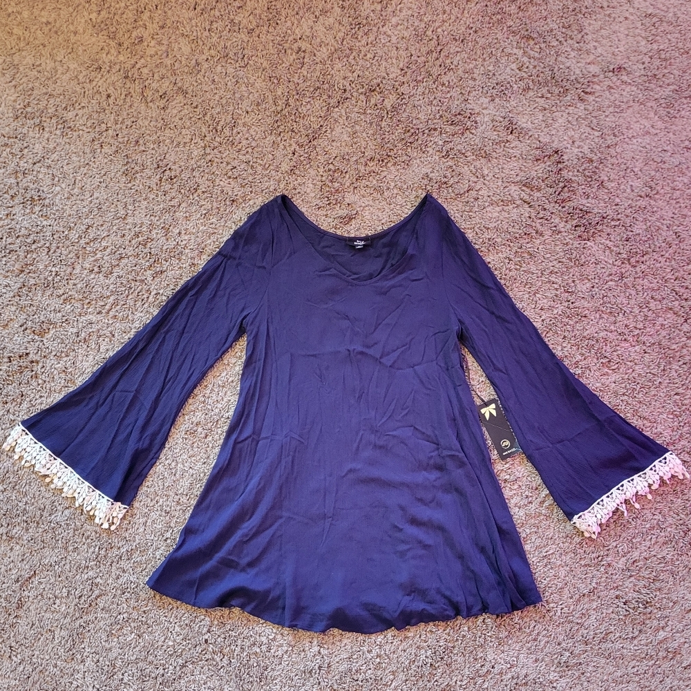 Navy Bell Sleeve with Lace Trim Coverup